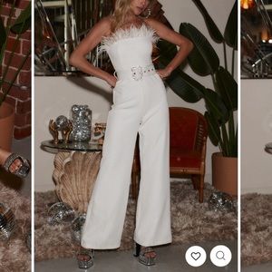 White feather jumpsuit with belt